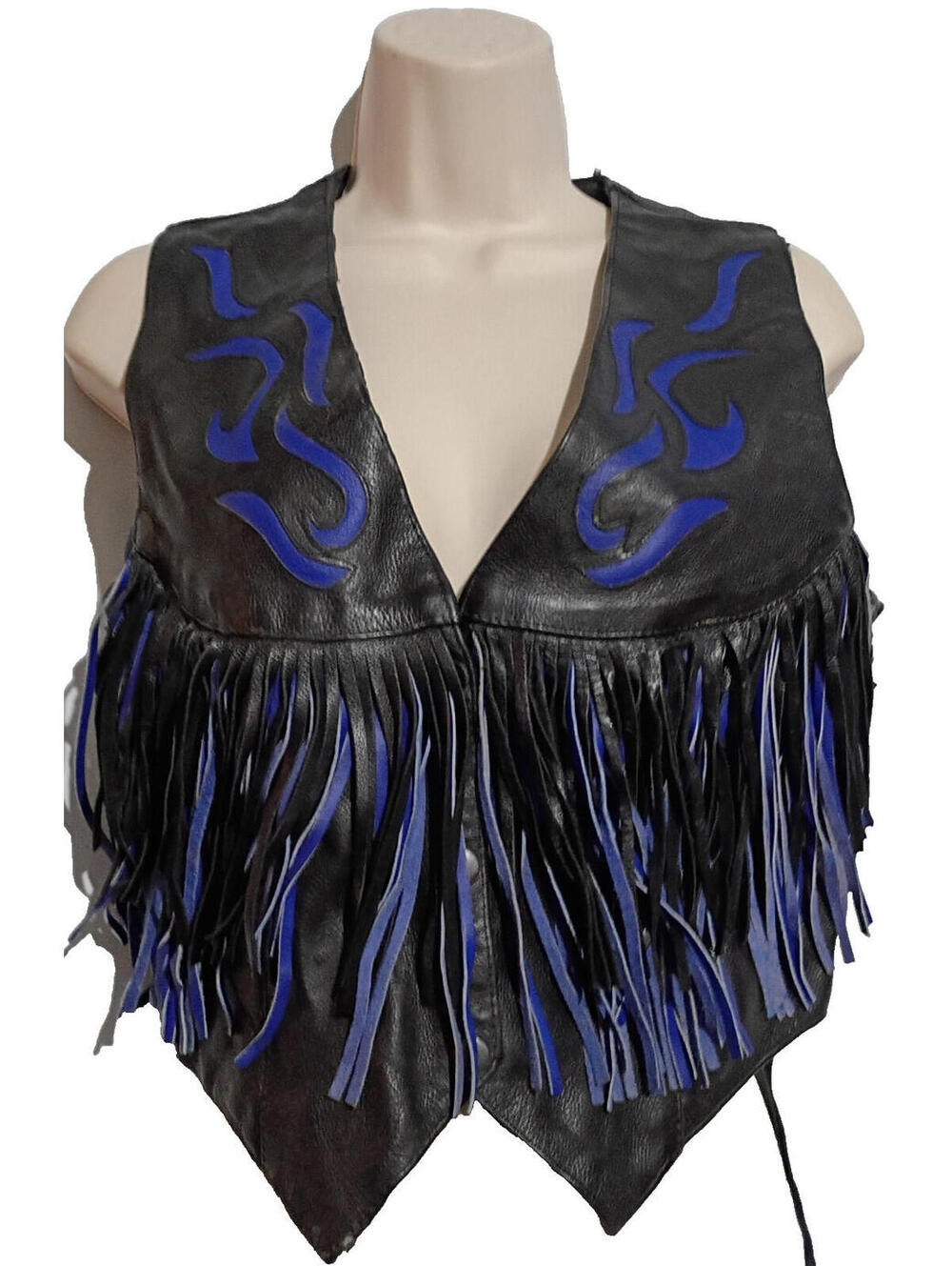 UNIK Black & Blue Flames Leather Fringe Womens Moto Biker Vest SZ M Grunge Metal